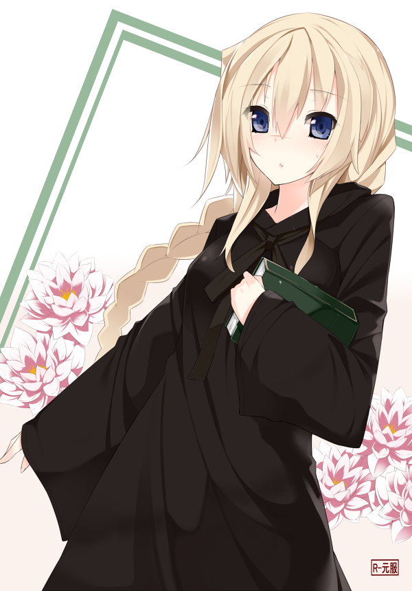 alternate_costume, bad_id, blonde_hair, blue_eyes, book, braid, carrying, flower