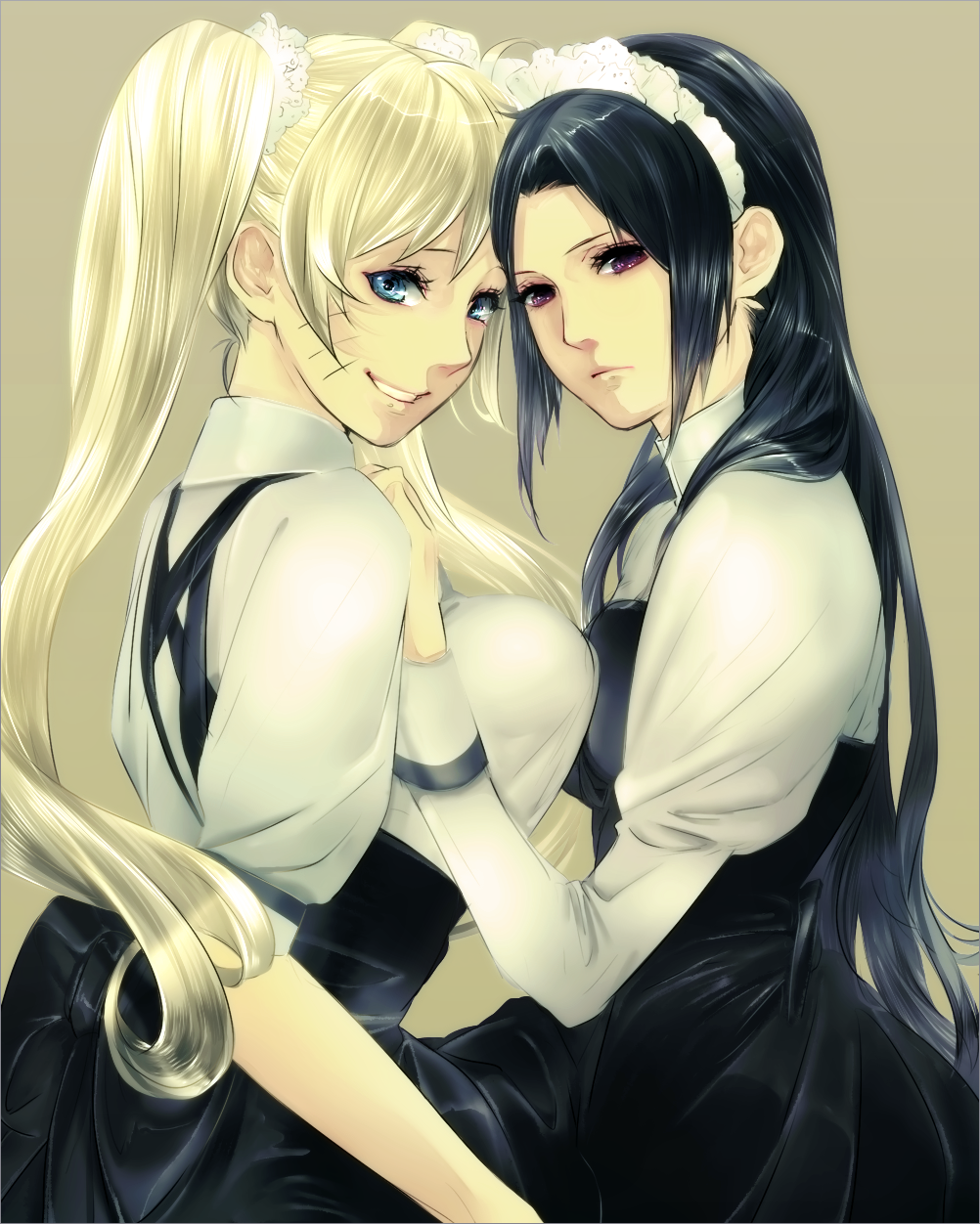 asymmetrical_docking, black_hair, blue_eyes, breast_press, breasts, colored, dress, faxy_999, genderswap, highres, large_breasts, long_hair, maid, maid_headdress, masa_(miyabi310), multiple_girls, naruko, naruto, open_mouth, red_eyes, smile, symmetrical_docking, tozama_zeill, uchiha_sasuke, uzumaki_naruto
