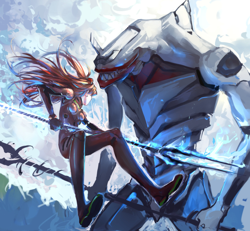highres, lance_of_longinus, mass_production_eva, mp_eva, neon_genesis_evangelion, orange_hair, plugsuit, polearm