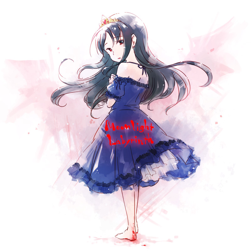 bare_shoulders, black_hair, blood, blue_dress, dress, from_behind, lilia_(moonlight_labyrinth), long_hair, looking_back, moonlight_labyrinth, rakuni, red_eyes, solo, standing, tiara, title_drop