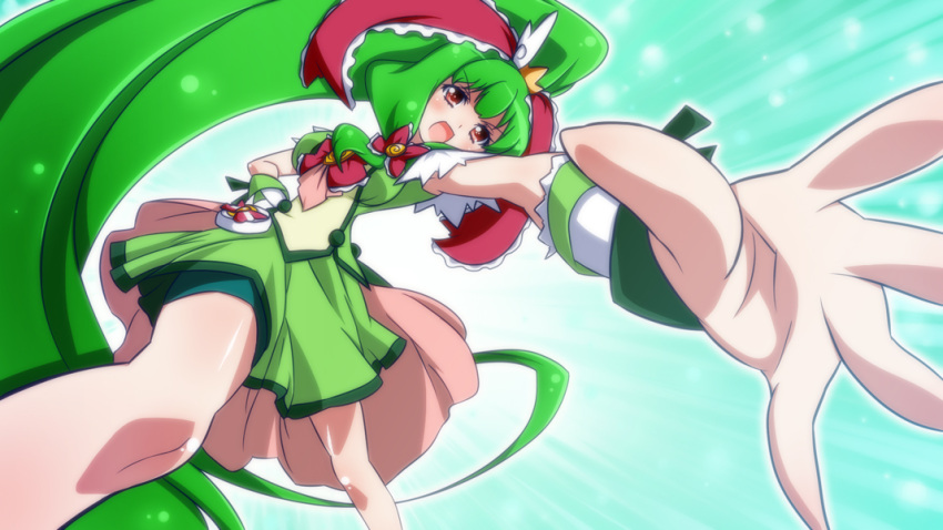 bike_shorts, blue_background, cosplay, cure_march, cure_march_(cosplay), dress, dutch_angle, front_ponytail