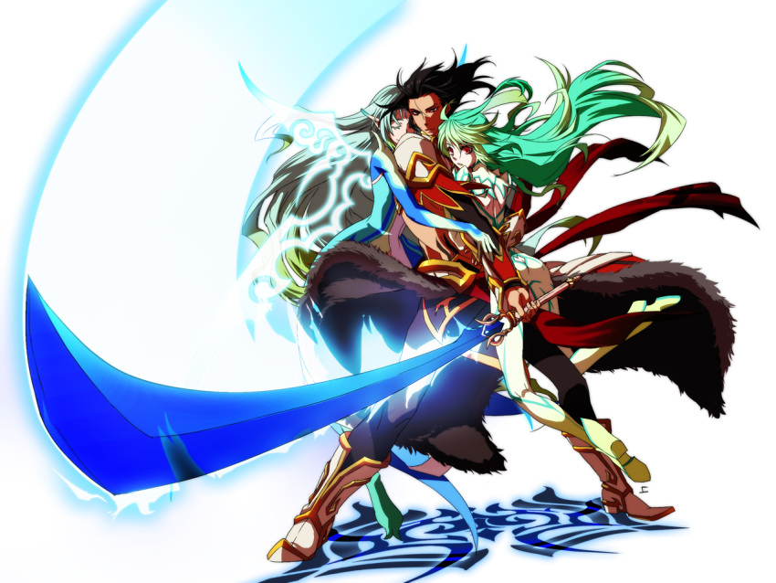 2girls, black_hair, bodysuit, boots, closed_eyes, eyes_closed, gaias, green_hair