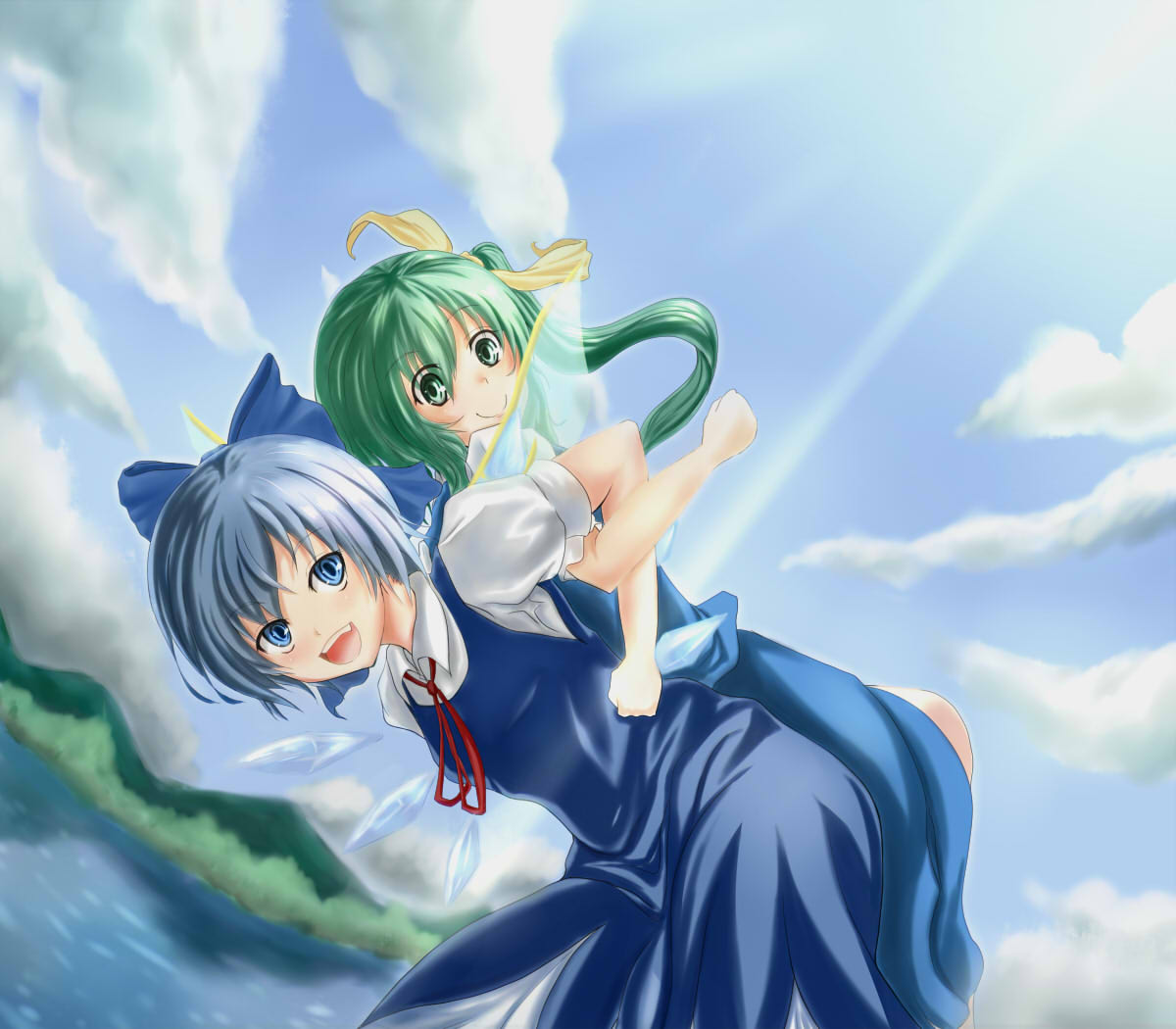 arms_locked, awasarin, back-to-back, bent_over, blue_dress, blue_eyes, blue_hair, blue_sky