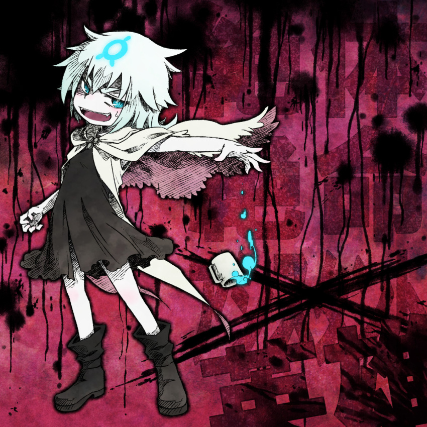 black_dress, blue_eyes, boots, cape, cup, dress, highres, open_mouth, original, outstretched_arm, rakuni, solo, sweatdrop, white_hair
