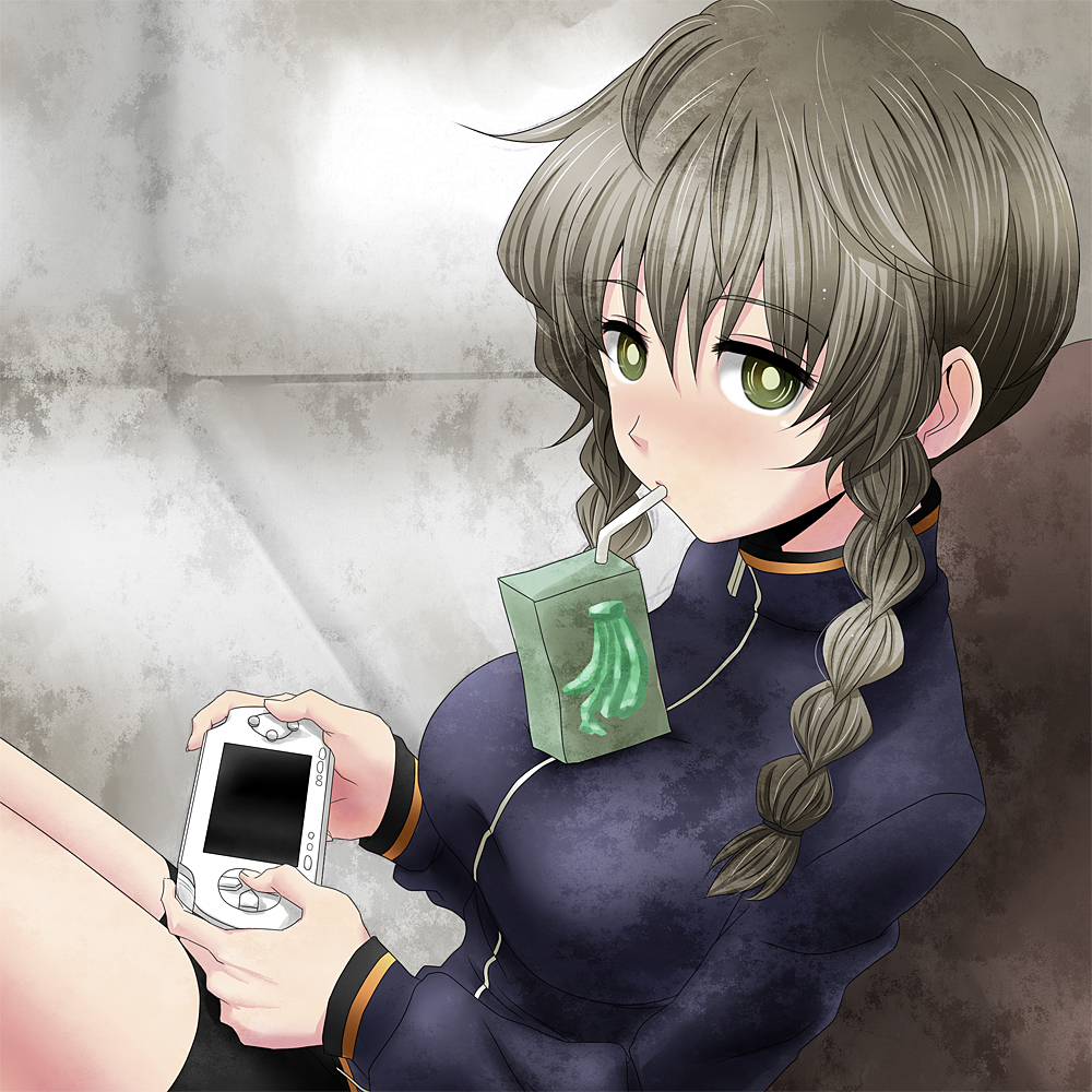 bike_shorts, blush, braid, breasts, brown_hair, drinking, gel_banana, jacket