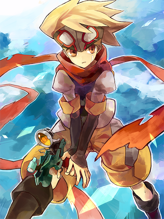 1boy, bad_id, blonde_hair, boktai, boots, brown_eyes, django_(boktai), headband, holding, male, rock0, scarf, shorts, solar_gun, solo, v_arms