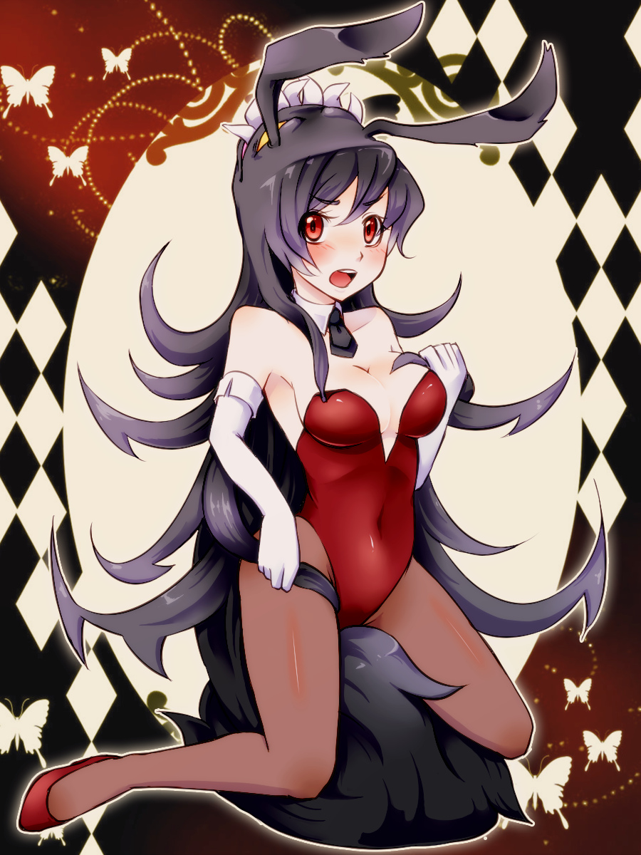 animal_ears, argyle, arin_pv, arinko_(arin_pv), bare_shoulders, black_hair, black_legwear, blush