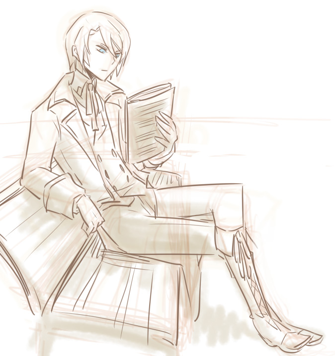 arm_support, bangs, bench, blue_eyes, boots, bowtie, cross-laced_footwear, crossed_legs