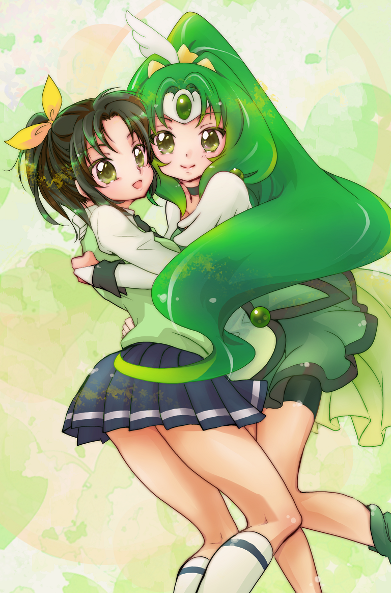 bike_shorts, choker, cure_march, dress, dual_persona, green_dress, green_eyes, green_hair