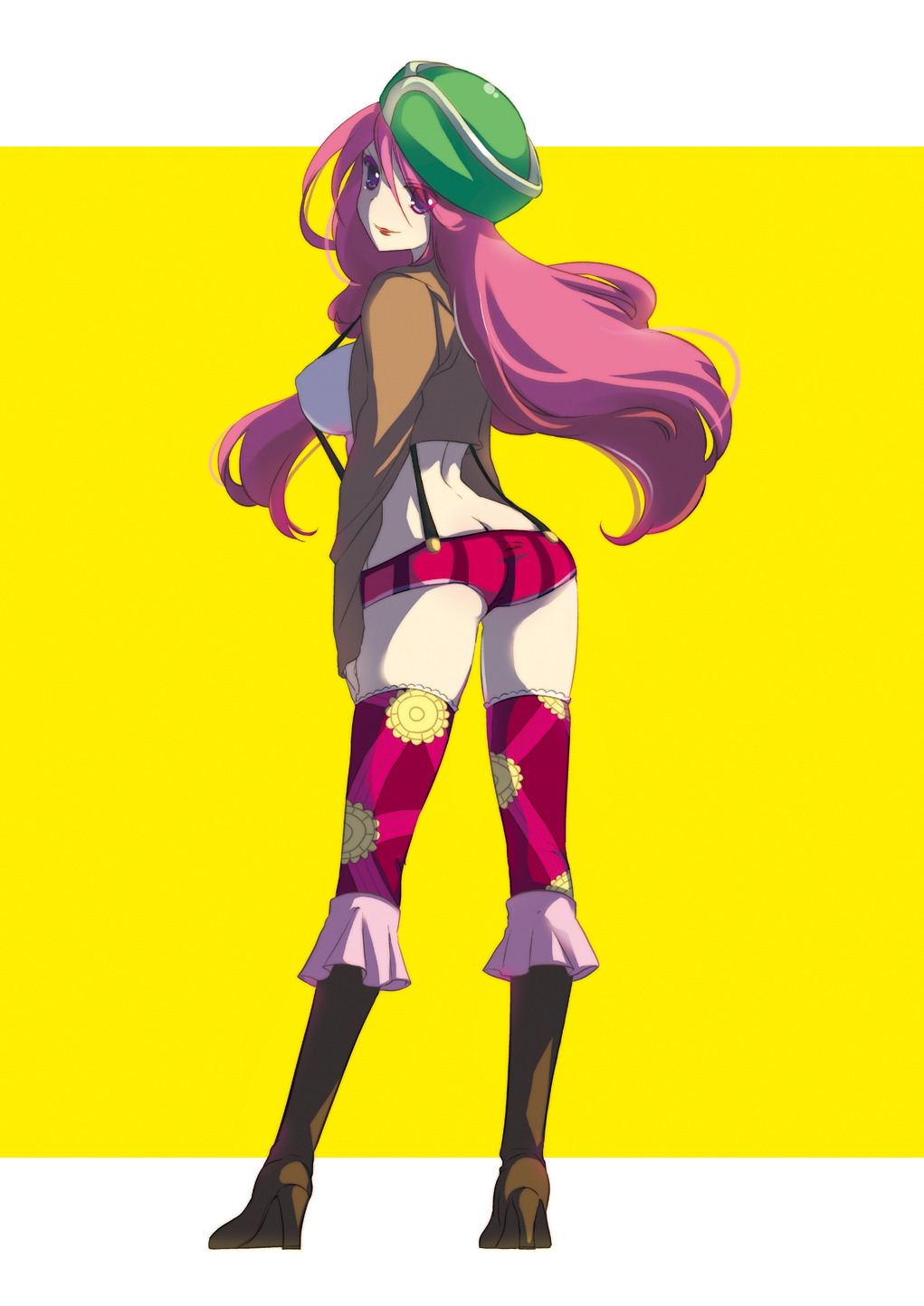 boots, breasts, butt_crack, cleavage, female, from_behind, haruna_mahiru, hat, high_heels, highres, jewelry_bonney, jewelry_bonnie, long_hair, looking_back, one_piece, pink_eyes, pink_hair, print_legwear, shoes, short_shorts, shorts, simple_background, solo, standing, suspenders, thigh-highs, thighhighs, vertical_stripes