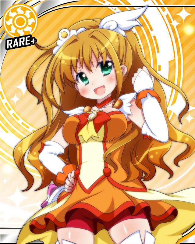 :d, bike_shorts, blush, bow, breasts, brown_hair, cinderella_girls_card_parody, clenched_hand