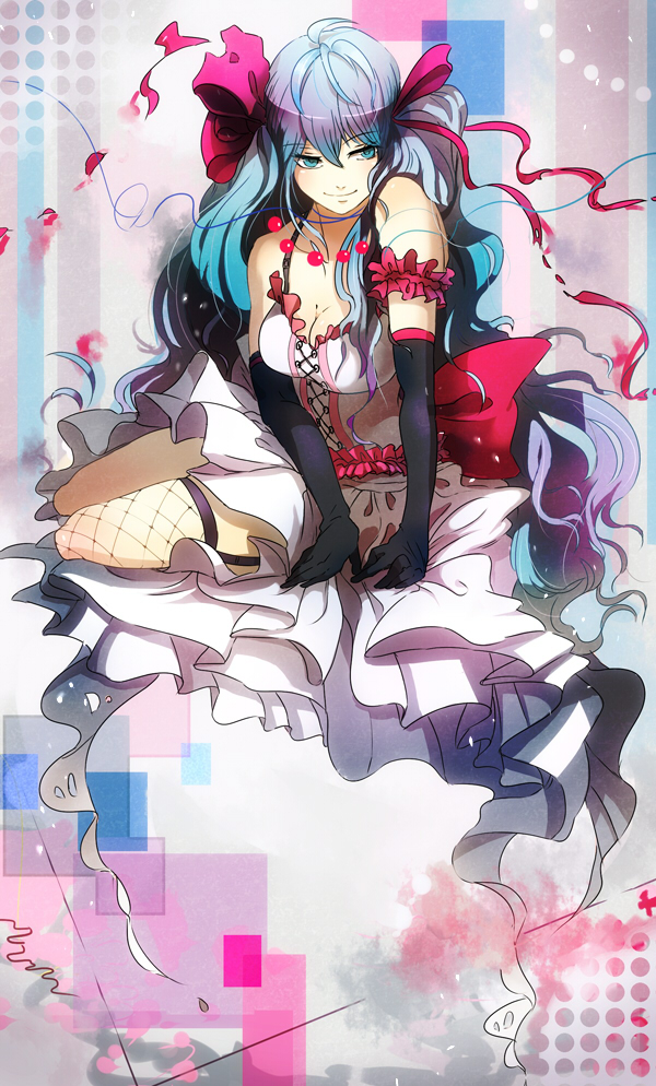 aqua_eyes, aqua_hair, bad_id, bare_shoulders, breasts, cleavage, dress, elbow_gloves, fishnets, frills, gloves, hair_ribbon, hatsune_miku, long_hair, nolife, ribbon, single_thighhigh, smile, solo, thigh-highs, thighhighs, twintails, very_long_hair, vocaloid