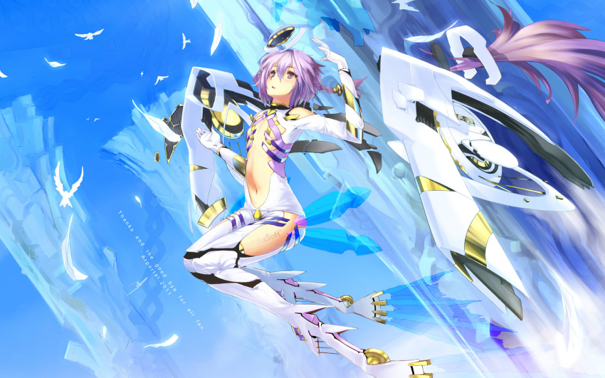 ar_tonelico_iii, bodysuit, clouds, feathers, highres, mecha_musume, midriff, ntny