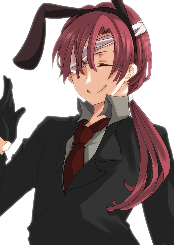 animal_ears, bandage, bandages, black_gloves, bunny_ears, closed_eyes, eyes_closed, formal