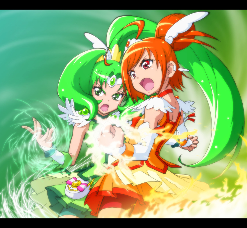 bike_shorts, choker, cure_march, cure_sunny, fire, green_eyes, green_hair, highres