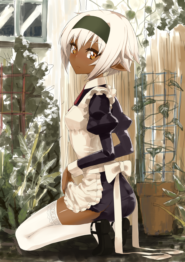 apron, dark_elf, dark_skin, elf, hairband, koto_(kotocotton), looking_at_viewer, maid