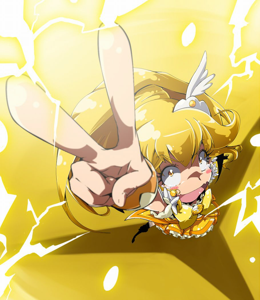 arm_up, blonde_hair, blush_stickers, bowtie, cure_peace, dress, electricity, foreshortening