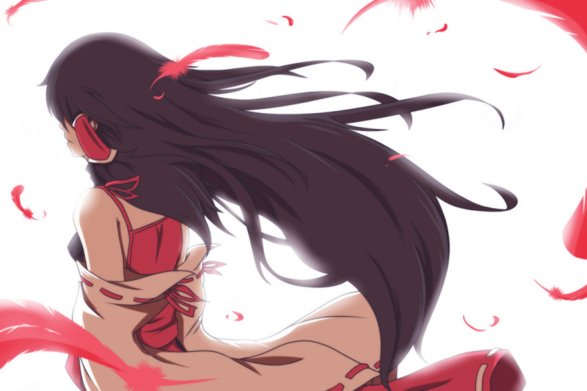 black_hair, detached_sleeves, feathers, from_behind, hair_tubes, japanese_clothes, long_hair, m.u.g.e.n, miko, nontraditional_miko, rhine, sendai_hakurei_no_miko, solo, touhou, wind