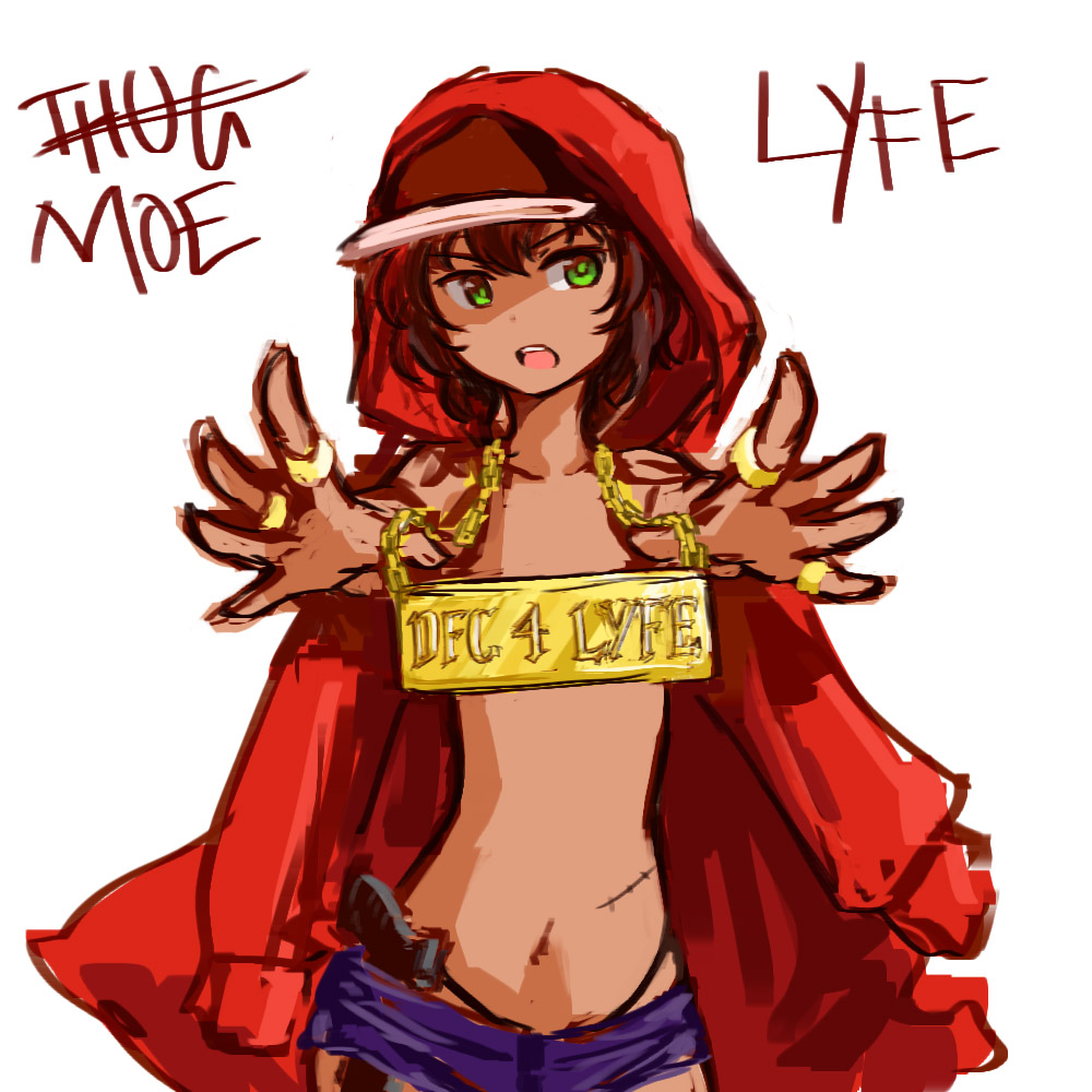 baseball_cap, bling, brown_hair, censored, convenient_censoring, dark_skin, english, flat_chest