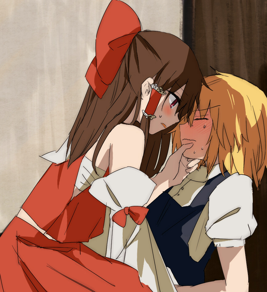 bandages, black_dress, blonde_hair, blush, bow, brown_hair, chin_grab, closed_eyes