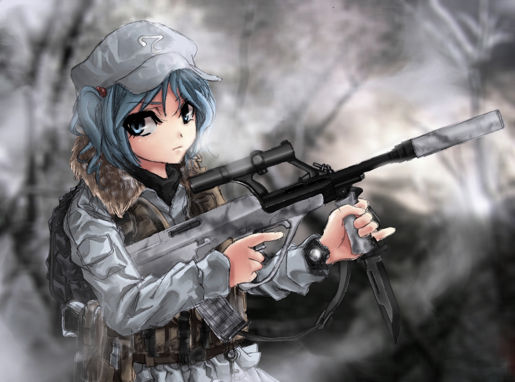 assault_rifle, blue_eyes, blue_hair, bullpup, cqc, gun, hat, kawashiro_nitori