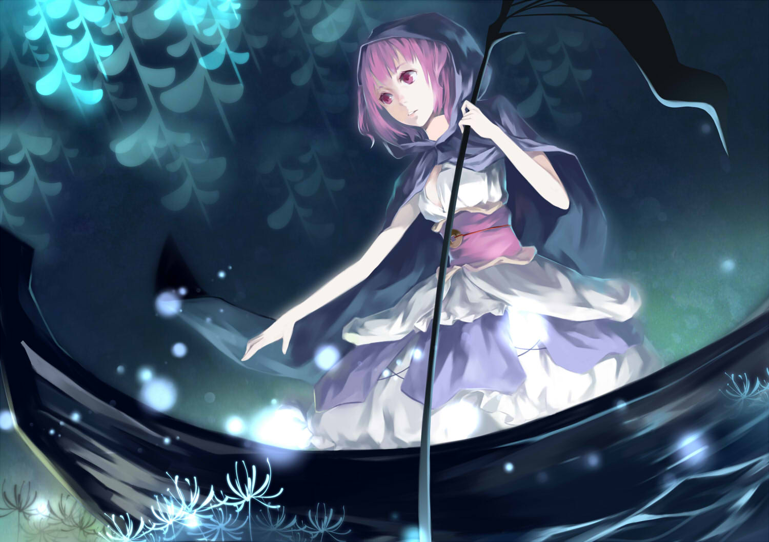 aloin_g, boat, breasts, cleavage, dress, flower, hood, onozuka_komachi, red_eyes, red_hair, redhead, scythe, short_hair, smile, solo, spider_lily, touhou, twintails, water