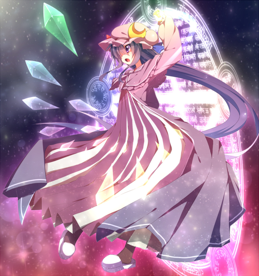blush, bow, crescent, crystal, dress, hat, hat_bow, highres, long_hair, magic_circle, open_mouth, patchouli_knowledge, philosopher's_stone, philosopher's_stone, purple_eyes, purple_hair, ribbon, solo, touhou, usamata, violet_eyes