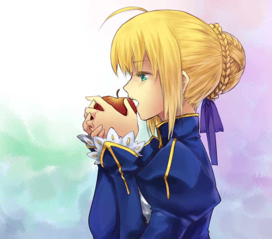 ahoge, apple, blonde_hair, braid, dress, eating, fate/stay_night, fate_(series)