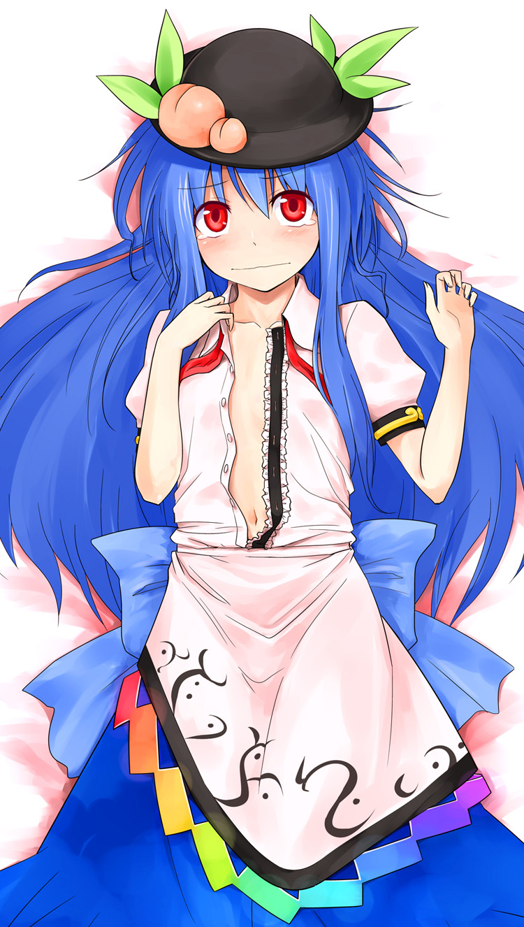 blush, collarbone, flat_chest, food, fruit, hat, highres, hinanawi_tenshi