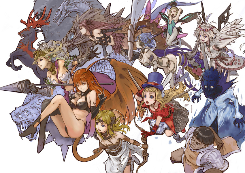 6+girls, antlers, armor, athena_(lord_of_vermilion), bare_shoulders, beard, black_hair, blonde_hair, blue_eyes, blue_hair, bow_(weapon), breasts, brown_eyes, character_request, cleavage, closed_eyes, cybele_(lord_of_vermilion), demon_girl, dragon, drill_hair, elbow_gloves, eyepatch, eyes_closed, facial_hair, fairy_(lord_of_vermilion), gauntlets, gloves, glowing, glowing_eyes, hat, head_wings, highres, lance, leviathan, lilith_(lord_of_vermilion), long_hair, lord_of_vermilion, mizore_akihiro, monster, multiple_boys, multiple_girls, open_mouth, pointy_ears, polearm, red_eyes, red_gloves, red_hair, redhead, reindeer, sharp_teeth, short_hair, smile, succubus, succubus_(lord_of_vermilion), sword, top_hat, twintails, valkyrie, valkyrie_(lord_of_vermilion), weapon, white_hair, wings