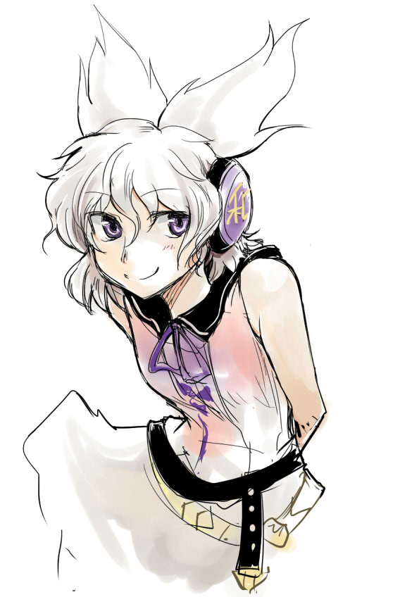 arms_behind_back, belt, earmuffs, headphones, kiyu_(queue), purple_eyes, short_hair, sketch