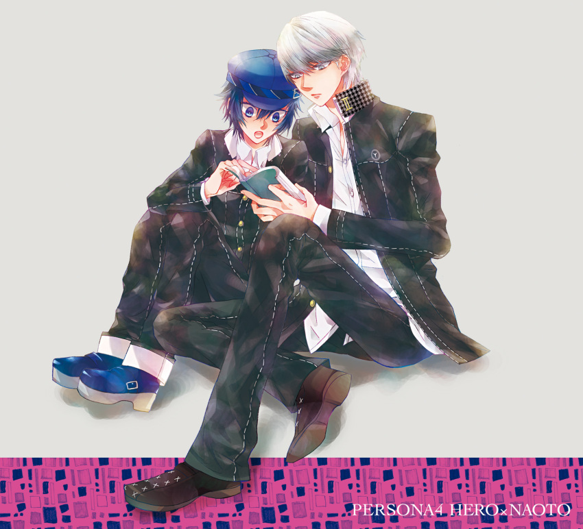 1girl, androgynous, blue_eyes, blue_hair, book, cabbie_hat, couple, gakuran