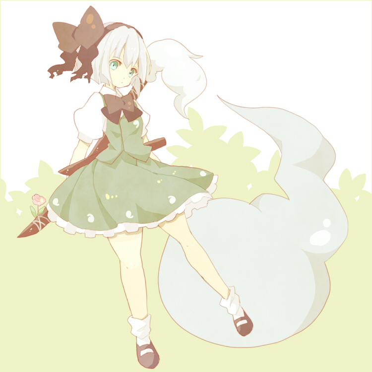 bow, bowtie, dress_shirt, flower, ghost, green_eyes, grey_hair, hairband