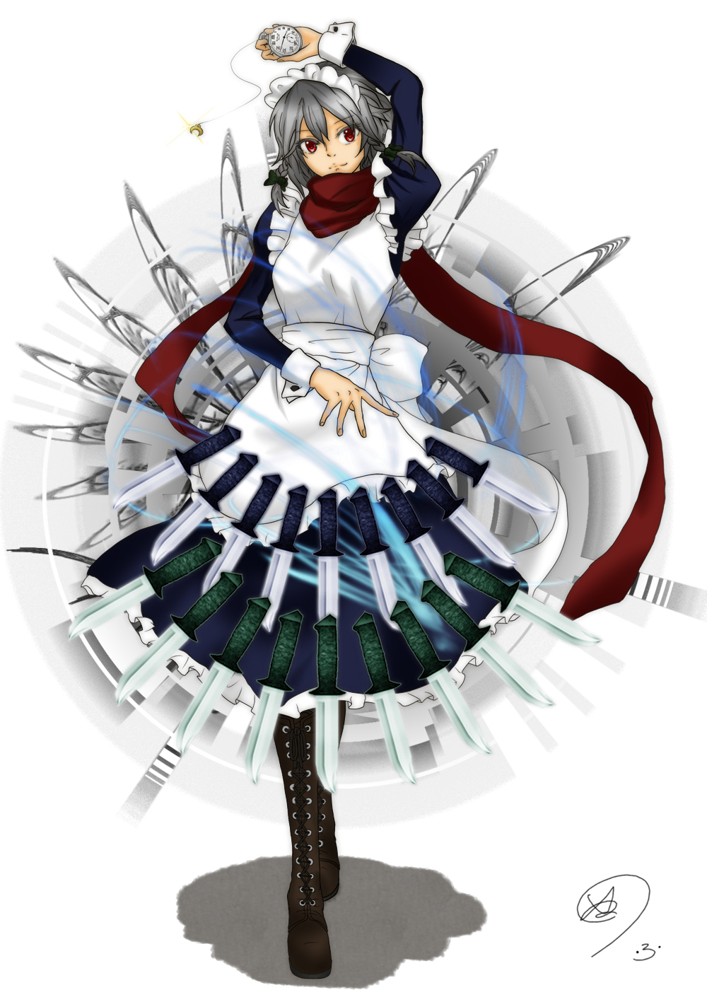 braid, highres, inaba515, izayoi_sakuya, knife, maid, pocket_watch, red_eyes