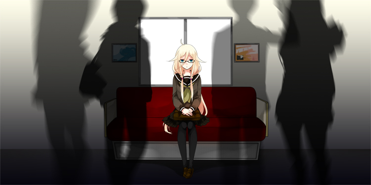 ahoge, bespectacled, black_legwear, blonde_hair, blue_eyes, braid, genjitsuteki_ronri_shugisha_(vocaloid), glasses, ia_(vocaloid), koyubi_right, long_hair, pantyhose, silhouette, sitting, skirt, twin_braids, vocaloid