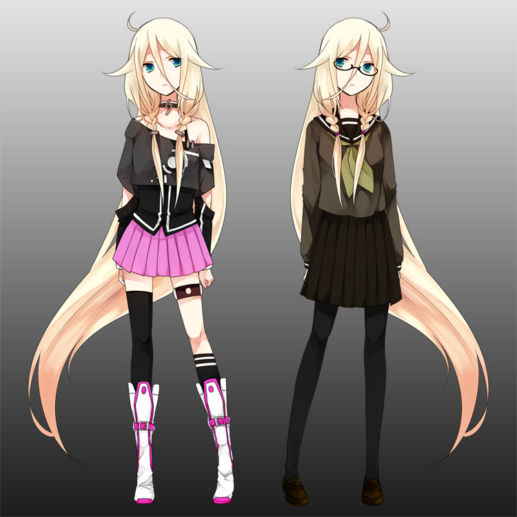 ahoge, bare_shoulders, bespectacled, black_legwear, blonde_hair, blue_eyes, boots, braid