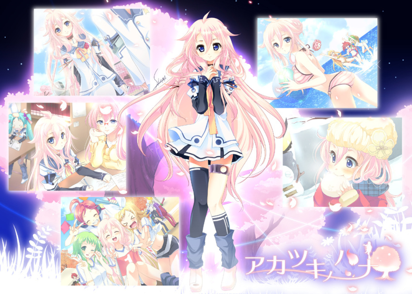 >_<, ahoge, ass, bikini, blue_eyes, blush, bonnet, boots