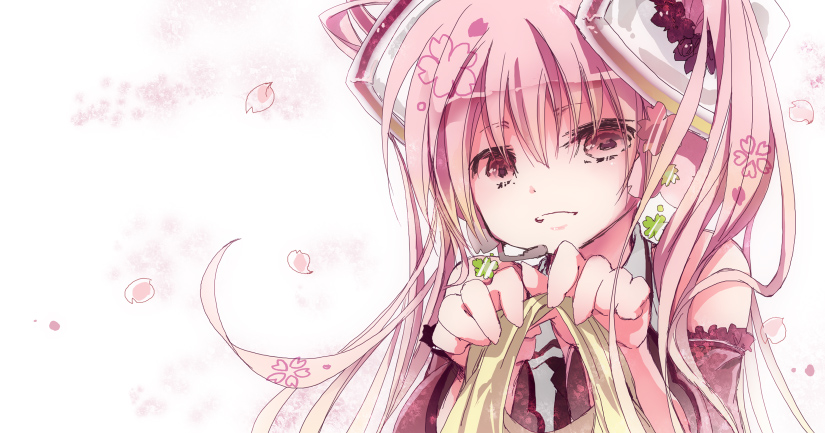 alternate_color, alternate_hair_color, bad_id, cherry_blossoms, detached_sleeves, hatsune_miku, headset, hosikurage