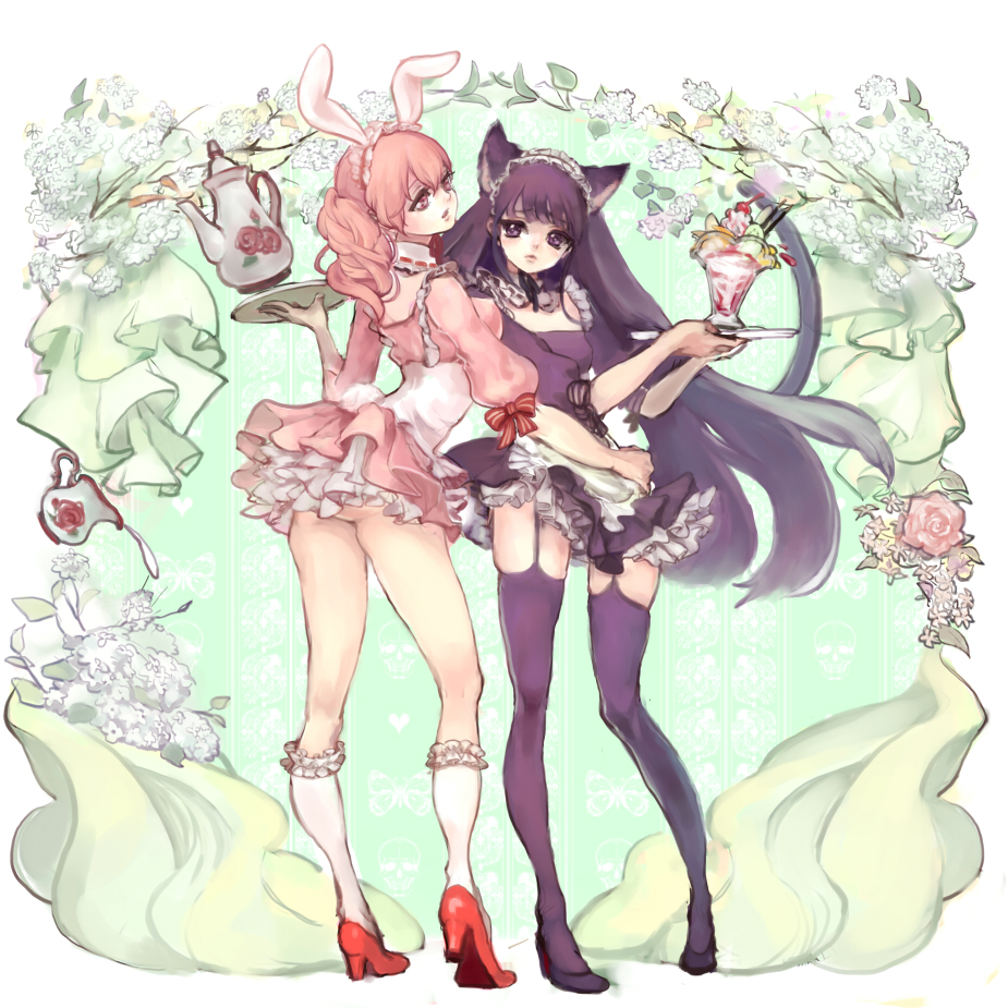 animal_ears, ass, bunny_ears, bunny_tail, cat_ears, cat_tail, garter_belt, headdress
