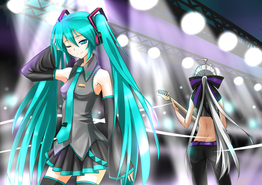 ahoge, aqua_eyes, aqua_hair, bare_shoulders, belt, dangan-cat, dangan_neko, detached_sleeves