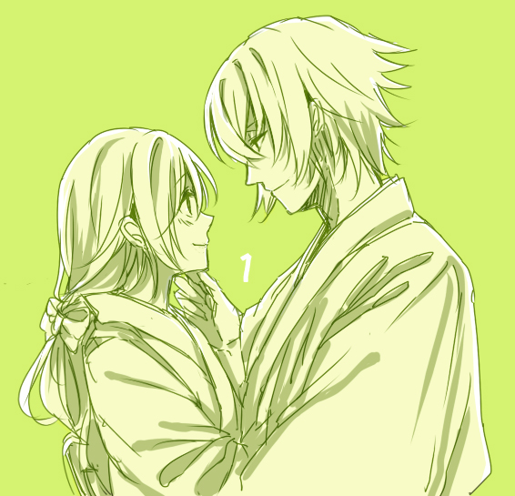 1girl, blush, bow, brown_hair, chikage_kazama, couple, hair_bow, hakuouki_shinsengumi_kitan, japanese_clothes, kimono, long_hair, male, ponytail, short_hair, smile, yamano_(151515), yukimura_chizuru