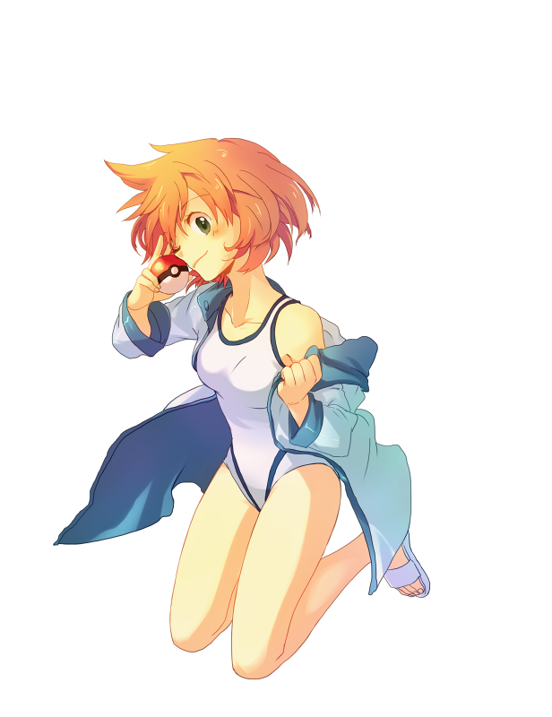 breasts, full_body, green_eyes, holding, holding_poke_ball, jacket, kasumi_(pokemon), kasumi_(pokemon)_(hgss)