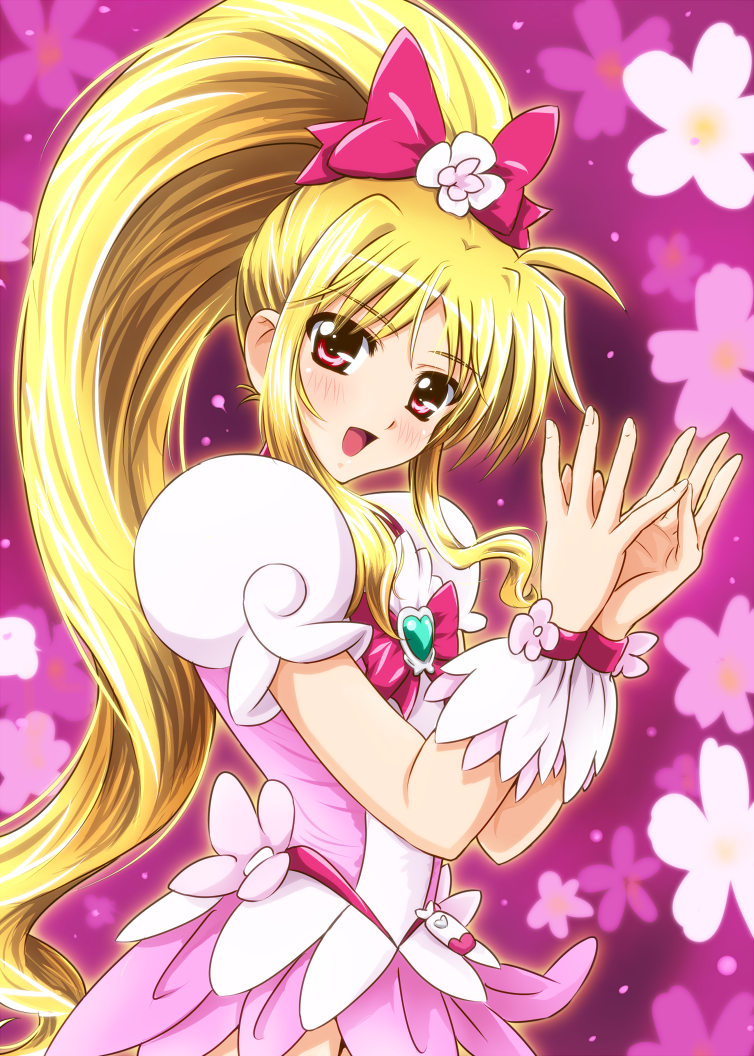 blonde_hair, cosplay, cure_blossom, cure_blossom_(cosplay), diesel-turbo, fate_testarossa, female, floral_background, heartcatch_precure!, high_ponytail, long_hair, lyrical_nanoha, mahou_shoujo_lyrical_nanoha, mizuki_nana, pink, pink_background, ponytail, precure, pretty_cure, red_eyes, seiyuu_connection, skirt, solo, wrist_cuffs