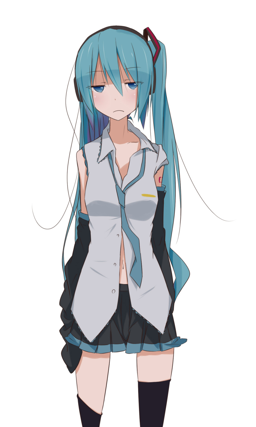 aqua_eyes, aqua_hair, detached_sleeves, frown, hatsune_miku, headphones, highres, long_hair