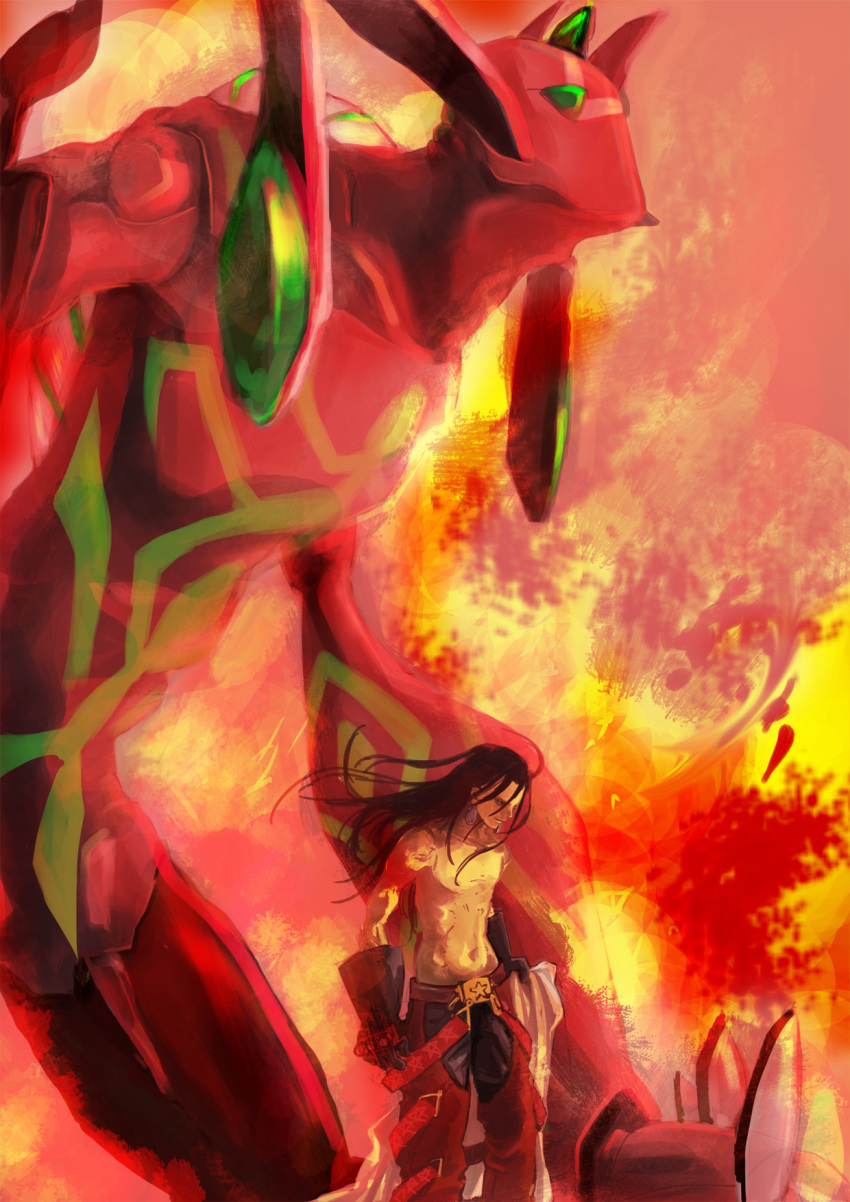 fire, gloves, highres, long_hair, male, red, shaman_king, spirit_of_fire, topless, you_me4_14