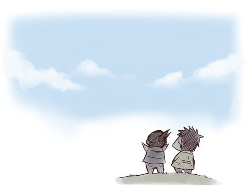 1girl, arms_up, artist_self-insert, blue_sky, closed_eyes, cloud, comic, eyes_closed
