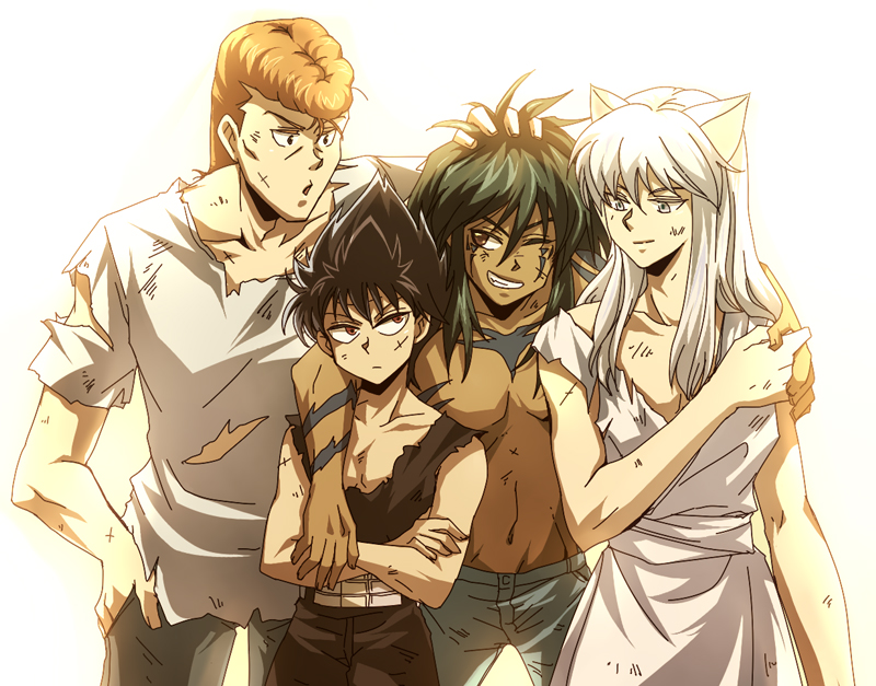 animal_ears, black_hair, brown_eyes, character_request, crossed_arms, dark_skin, fox_ears, hiei