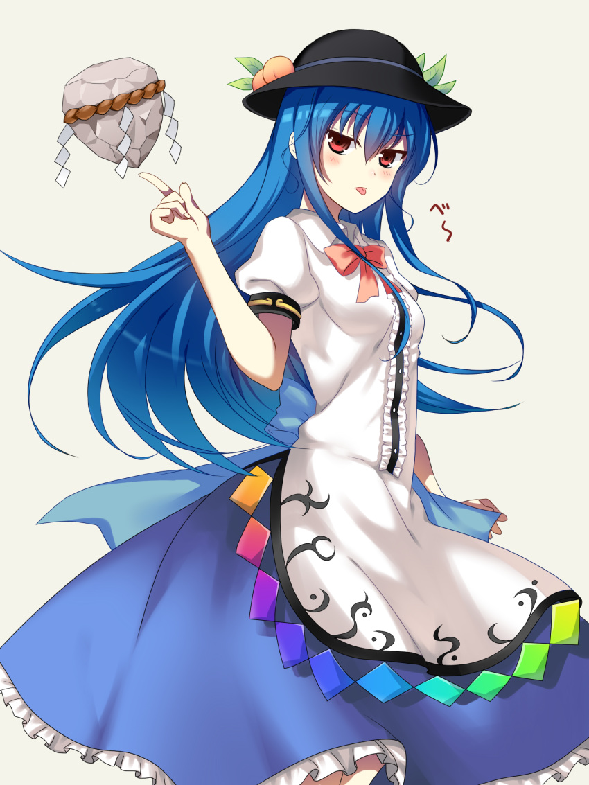 apron, arm_up, blue_hair, blush, bowtie, dress, fingernails, food