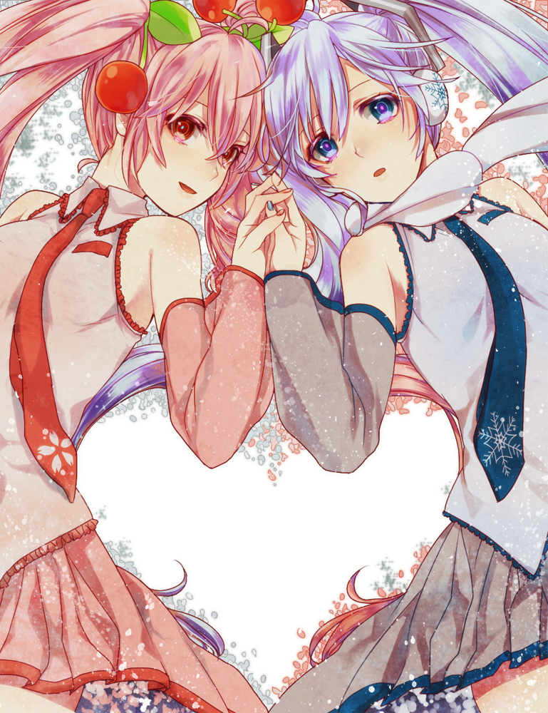 alternate_hair_color, bare_shoulders, blue_eyes, blue_hair, cherry, detached_sleeves, food, fruit