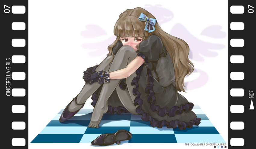 black_legwear, bow, brown_eyes, brown_hair, dress, hair_bow, hair_ornament, idolmaster, idolmaster_cinderella_girls, kamiya_nao, leg_grab, long_hair, pantyhose, satomurakyo, shoe_removed, single_shoe, sitting, tears, wavy_hair